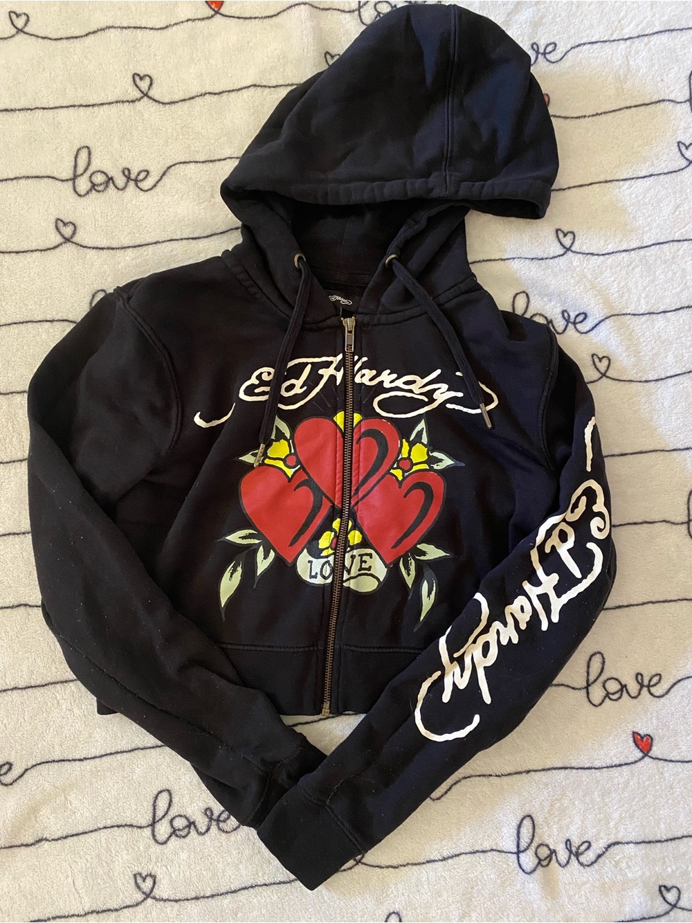 Ed Hardy Black Zip Hoodie with Red Heart Graphic
